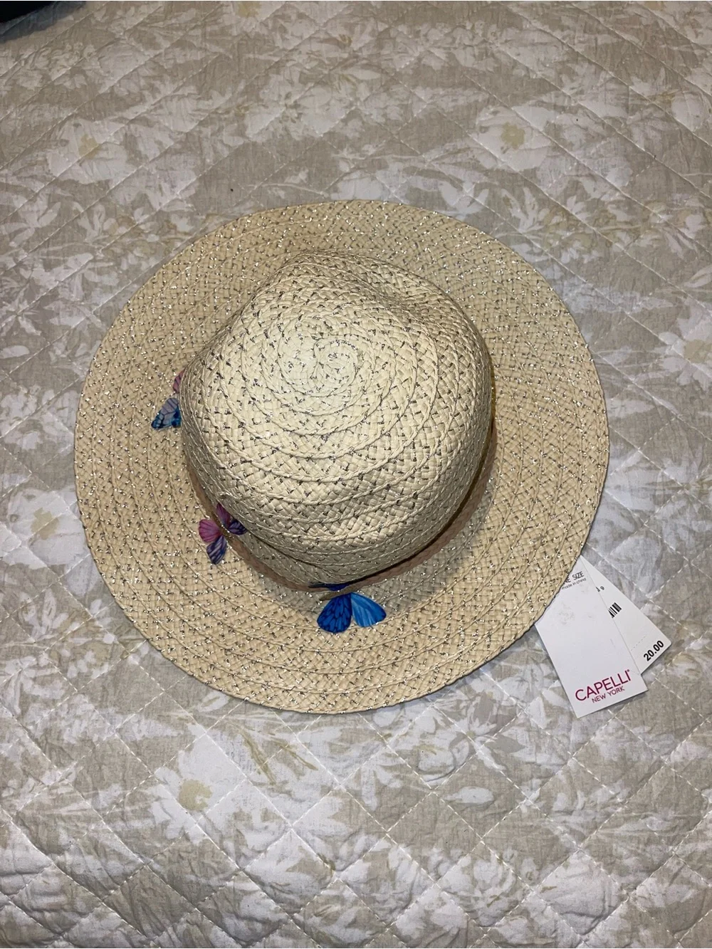 Capelli of New York Kids Natural Straw Sun Hat with Blue and Pink Tassels